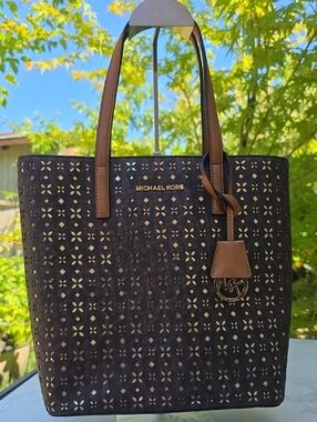 Michael Kors Brown Floral Lasercut Tote Tan Leather Handles Shoulder Bag